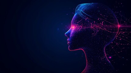 Obraz premium Abstract Digital Human Face Side Profile with Glowing Lines and Particles on Dark Background