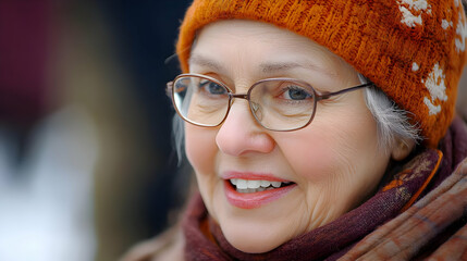 Smiling Senior Woman Wearing an Orange Hat and Scarf, Looking Happily Off-Camera