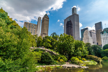 A view from the Gapstow Bridge towards the shore of the pond in Central Park in Manhattan, New York, in the fall