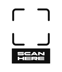 Obraz premium Minimalist black vector icon with scanning brackets and Scan Here text. Clean white background. Technology, QR code scanning, digital interface concept. Vector illustration.