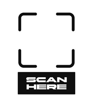 Minimalist black vector icon with scanning brackets and Scan Here text. Clean white background. Technology, QR code scanning, digital interface concept. Vector illustration.