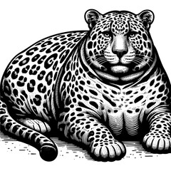 Fototapeta premium chubby fat leopard with bold spots, combining humor and retro artistic style sketch engraving generative ai PNG illustration. Scratch board imitation. Black and white image.