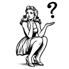 Fototapeta premium woman with dilemma confusion or uncertainty, question mark above her head sketch engraving generative ai fictional character PNG illustration. Scratch board imitation. Black and white image.