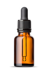 Fototapeta premium Amber glass dropper bottle with black cap mock up isolated on white background