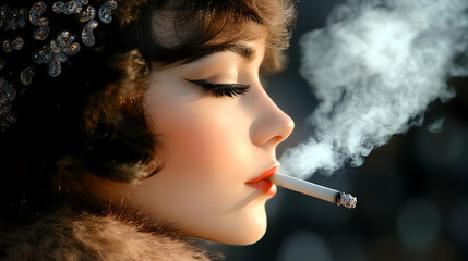 Obraz premium Stylish Woman Smokes a Cigarette, Exhaling Smoke Gracefully in Retro Fashion