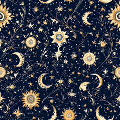 Celestial pattern featuring suns, moons, and stars on a dark background, creating a whimsical and cosmic atmosphere.
