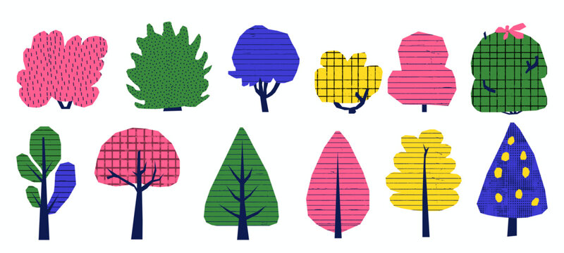 Naive collage of tree elements. Childish paper cutout with playful textures and doodle details. Cute green vector illustration.
