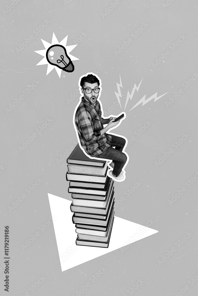Poster 3d abstract creative collage artwork template of impressed guy sitting book stack pile typing device