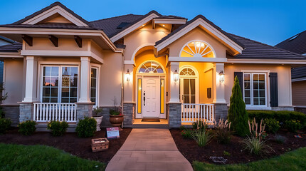 Exterior View of Two-Story House at Dusk