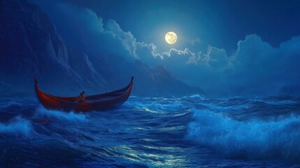 Fototapeta premium Solitary figure in a boat on a moonlit sea.