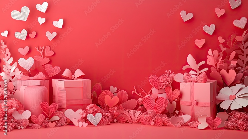 Wall mural Valentine's Day paper art banner concept with hand made gift boxes, paper cut ribbons, bows and lots of hearts on red background with space for text. 