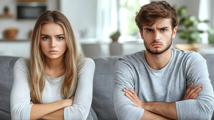 Upset Couple Sit with Folded Arms on the Couch After an Argument, Frustrated and Annoyed.