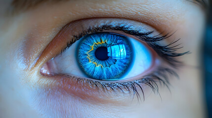 Fototapeta premium Close-Up of a Bright Blue Eye Reflecting a Window View Clearly and Beautifully