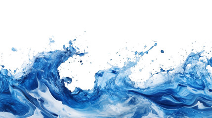 A combination of blue and white paint splashes depicting an abstract ocean wave isolated on a transparent background, PNG