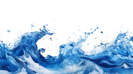 A combination of blue and white paint splashes depicting an abstract ocean wave isolated on a transparent background, PNG
