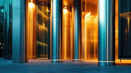 Obraz premium Modern building entrance at night, illuminated glass and steel columns.