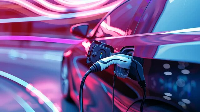 Electric vehicle charging at a modern station in an urban setting with vibrant lighting effects