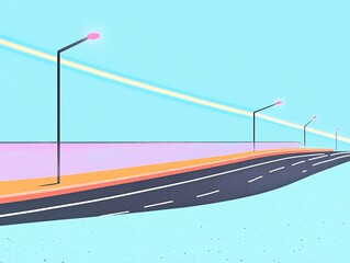 Vibrant Digital Illustration: A Calmly Curving Road Under a Pastel Sky. AI Generated