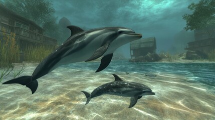 Obraz premium Two dolphins swimming in shallow water near a shoreline with houses.