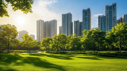 Obraz premium Lush green park with modern high-rise buildings in the background under a sunny sky.
