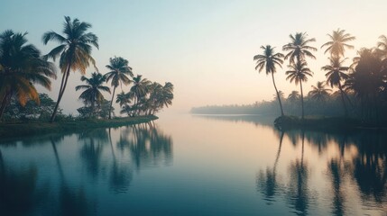 Serene sunrise over calm water, palm trees reflected.