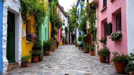 Charming colorful street with vibrant houses and lush plants in pots