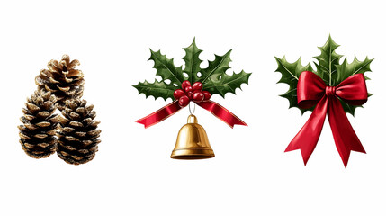 Christmas Decoration Elements: Pine Cones, Holly with Bell, and Red Bow on a White Background.