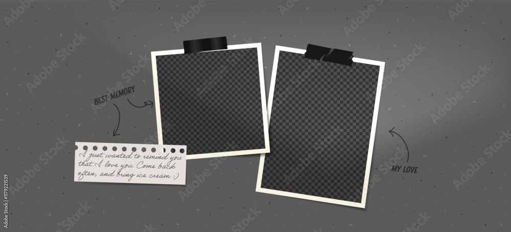 Poster Frame photo template collage with note paper layout. Retro design vector with cement wall background. . Square border for album, wall poster, or gallery presentation.