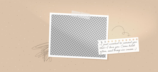 Frame photo template mockup with vintage tape and sticker. Square Polaroid design on white background, featuring a torn paper note and scratch collage.