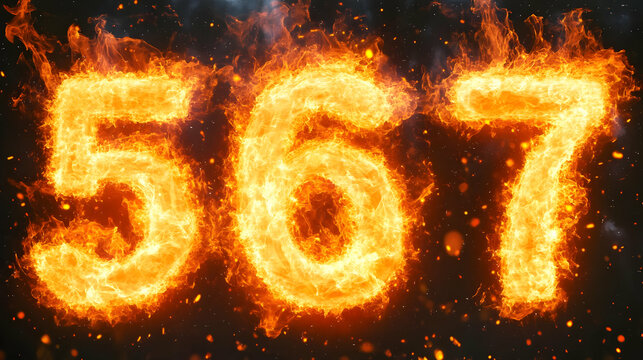 Fiery Number 567 Blazes with Intense Heat and Smoke Against a Dark Backdrop