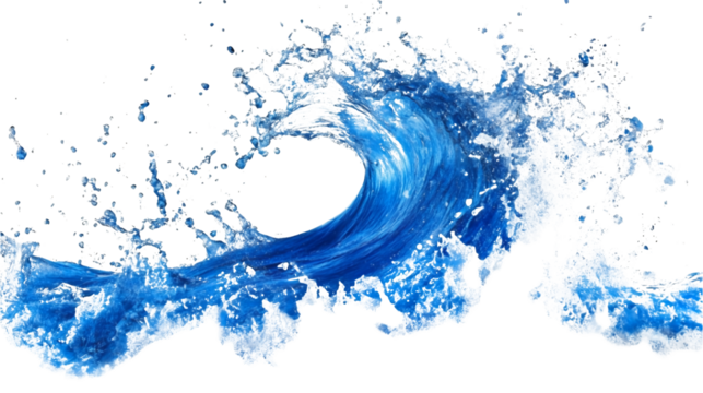 A combination of blue and white paint splashes depicting an abstract ocean wave isolated on a transparent background, PNG