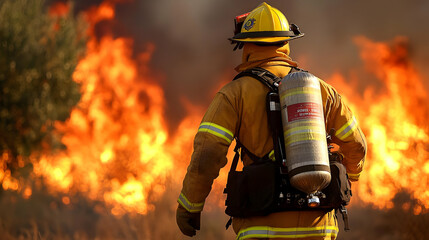 Firefighter Combats Intense Wildfire with Protective Gear and Equipment Bravely and Efficiently.