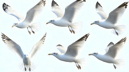 Obraz premium Six White Seagulls Soaring Gracefully Against a Clear Sky Background.
