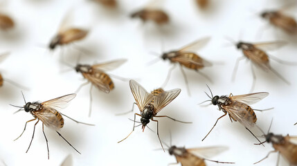 Close-Up Photo Depicts Numerous Small Flies Scattered Across a Pristine White Surface.