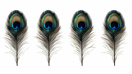 Obraz premium Four Vibrant Peacock Feathers Display Intricate Patterns and Iridescent Hues on a Clean White Background.