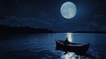 Serene night scene of a person in a small boat on a moonlit lake.