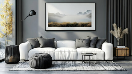 Modern living room showcases a white sofa, framed mountain landscape artwork, with elegant decor.