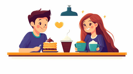 Couple Enjoys Coffee and Cake at Cafe, Sharing Sweet Moments Together Happily