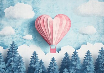 Fototapeta premium Paper art-style Valentine's Day background with a heart-shaped hot air balloon flying in the sky, trees, and clouds on a blue pastel-colored background. design for holiday celebration, love concept