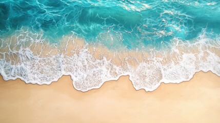 A serene ocean view with small, gentle waves and a sandy beach stretching into the distance, framed by golden light