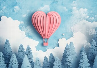 Obraz premium Paper art-style Valentine's Day background with a heart-shaped hot air balloon flying in the sky, trees, and clouds on a blue pastel-colored background. design for holiday celebration, love concept