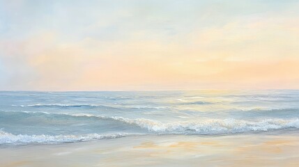 Fototapeta premium A serene ocean view with small waves and golden sand under a pastel-colored sky, creating a tranquil mood
