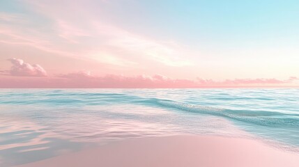 Fototapeta premium A serene seaside view with smooth ripples and sandy shores, illuminated by a pastel-hued evening sky