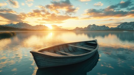 Obraz premium Serene sunset over calm lake with a small rowboat.