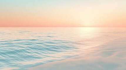 Obraz premium A serene seaside view with soft ripples meeting a sandy beach, illuminated by the pastel hues of a peaceful sunset