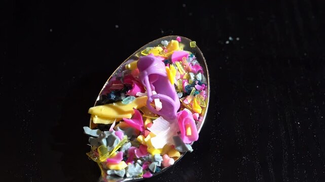 Spoon full of plastic fragments on dark table, symbolizing microplastic pollution, toxic exposure, and environmental harm
