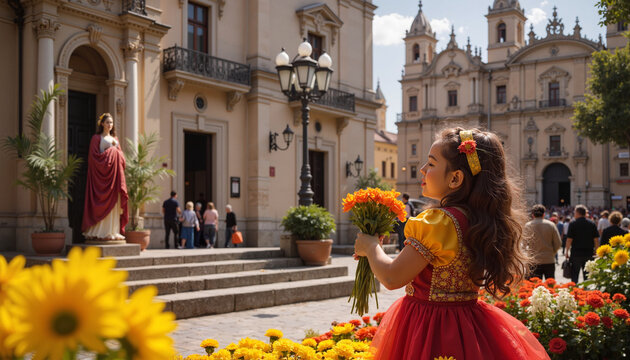 Young Girl in Fallera Dress Offering Flowers in Cathedral Square
