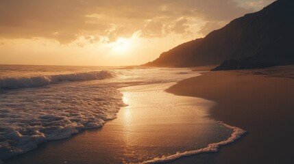Obraz premium A peaceful seaside shot featuring soft waves and a sandy shore under a glowing golden sunset