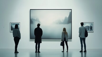 Fototapeta premium A large painting in art gallery on the wall and several people walking around