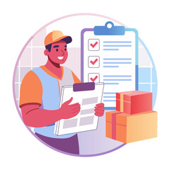 A flat illustration of a character checking delivery list 

